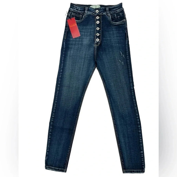 Colombian Jeans High Waisted Button fly Skinny Jeans Dark Wash Stretch Fitted 9 - Picture 1 of 9